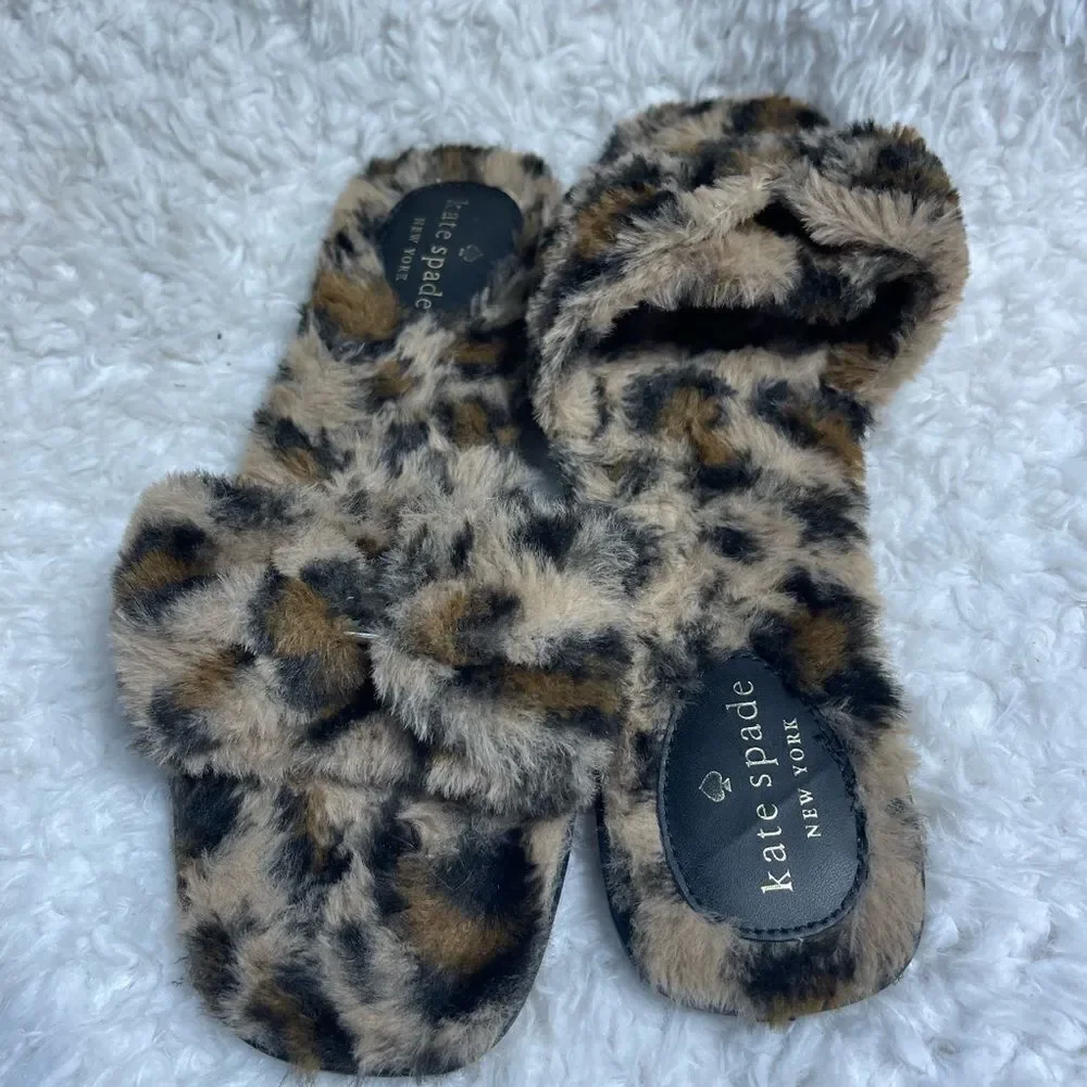 Kate Spade Sandy leopard print faux fur slippers with gold tone accent size 10B
